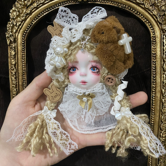 Golden Braids And Cream Pearl Lace Art Doll Brooch