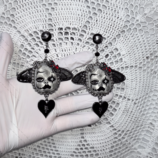 Gothic Bat-Winged Clown Doll Heart Dangle Earrings