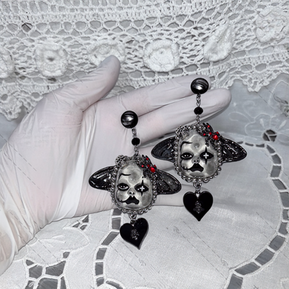 Gothic Bat-Winged Clown Doll Heart Dangle Earrings