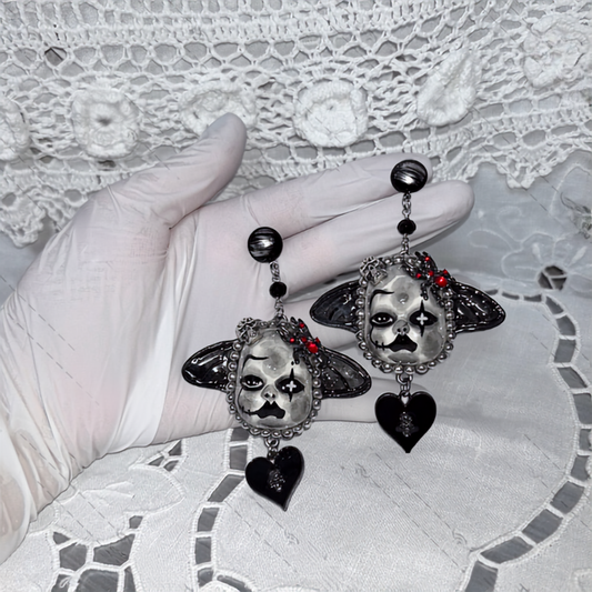 Gothic Bat-Winged Clown Doll Heart Dangle Earrings