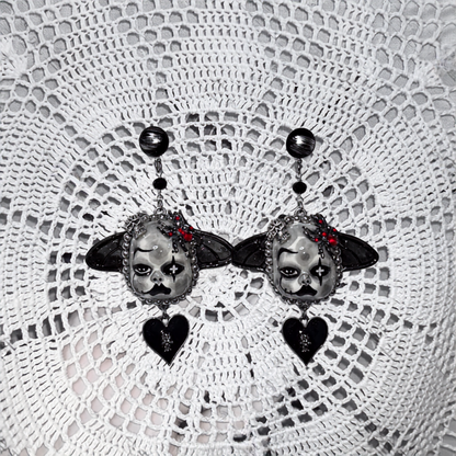 Gothic Bat-Winged Clown Doll Heart Dangle Earrings