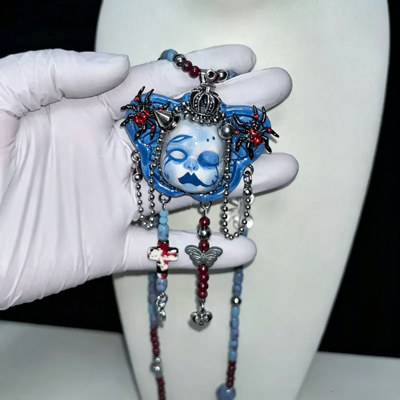 Gothic Crowned Doll Face Spider Pendant Necklace