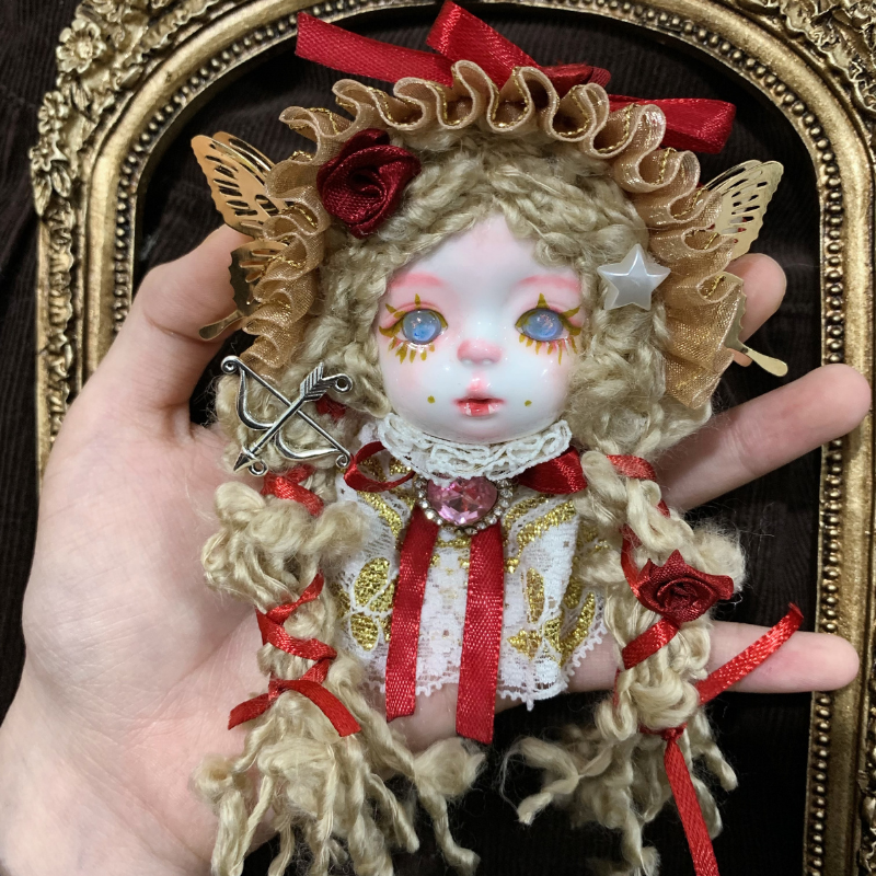 Gothic Gold And Red Art Doll Brooch With Bow