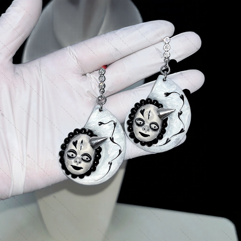 Gothic Horned Crescent Moon Mask Statement Dangle Earring