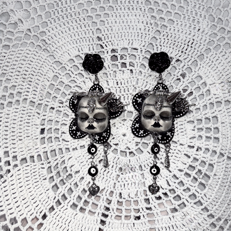 Gothic Horned Doll Evil Eye Dangle Earring