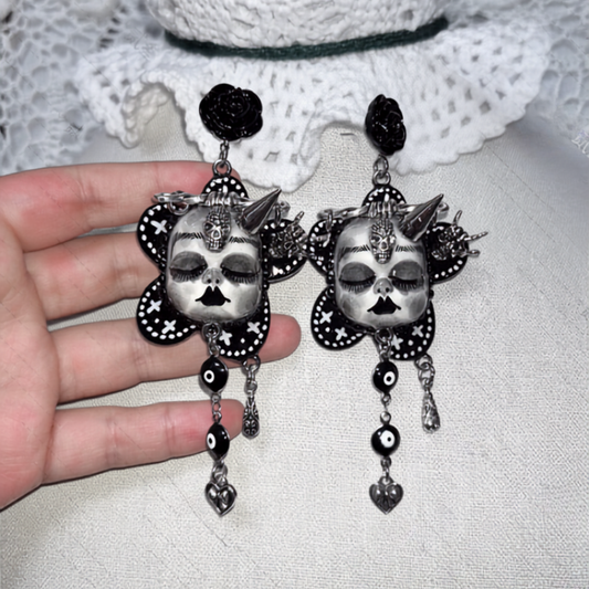 Gothic Horned Doll Evil Eye Dangle Earring