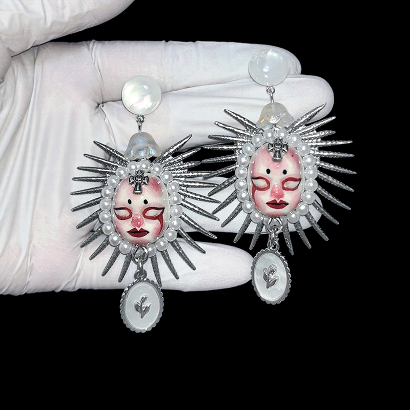 Gothic Sacred Heart Pearl Sunburst Face Statement Earring