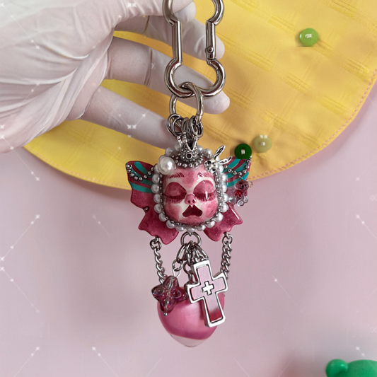 Handcrafted Gothic Doll Face  Pink Cross Bag Charm Keychain