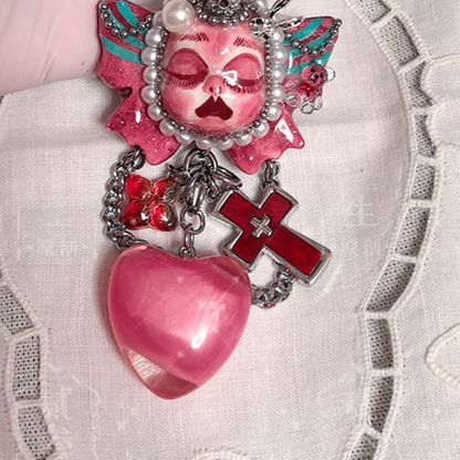 Handcrafted Gothic Doll Face  Pink Cross Bag Charm Keychain