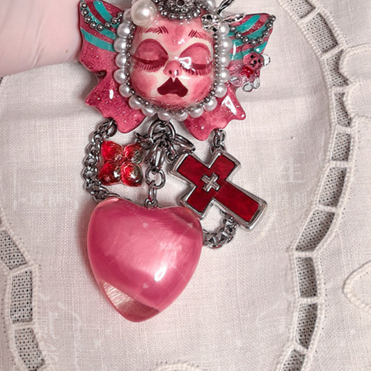 Handcrafted Gothic Doll Face  Pink Cross Bag Charm Keychain