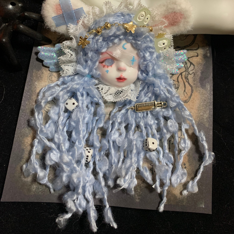 Icy Blue Curly Hair And Eyepatch Ghost Art Doll Brooch