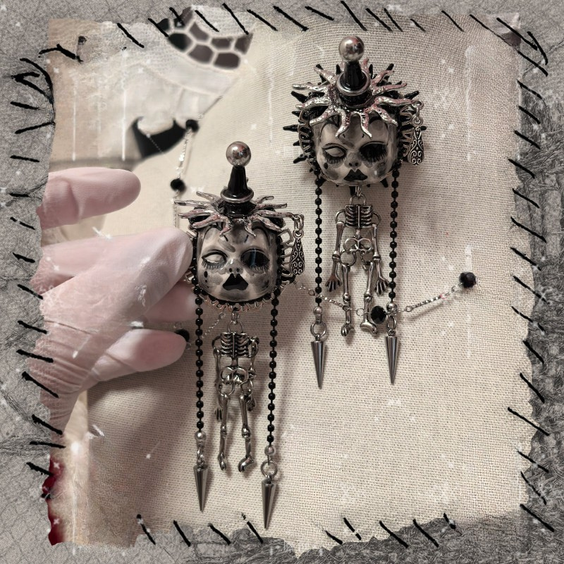 Jester Hat Doll Face With Skeleton Brooch