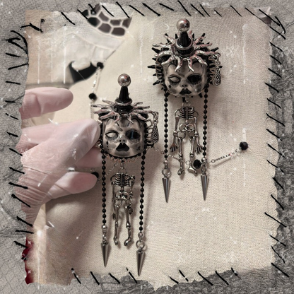Jester Hat Doll Face With Skeleton Brooch