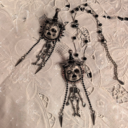 Jester Hat Doll Face With Skeleton Brooch