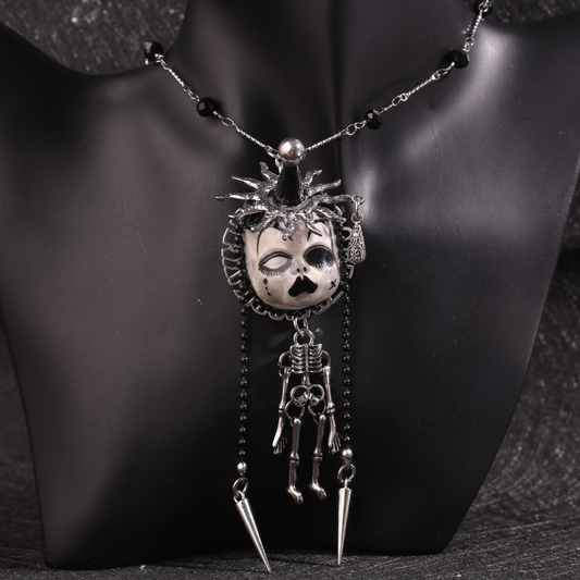 Jester Hat Doll Face With Skeleton Necklace