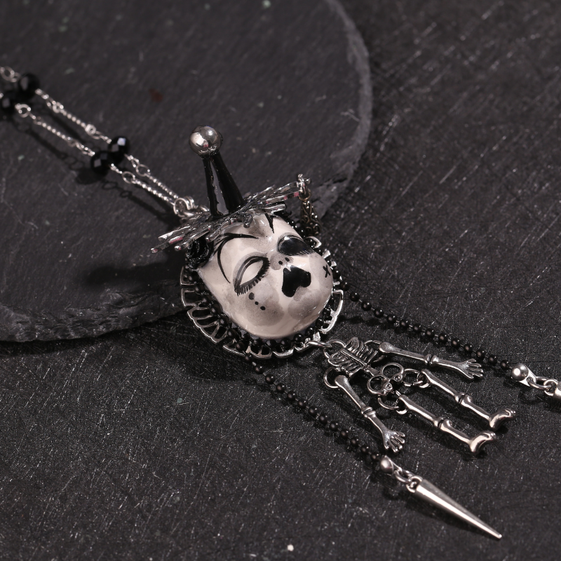 Jester Hat Doll Face With Skeleton Necklace