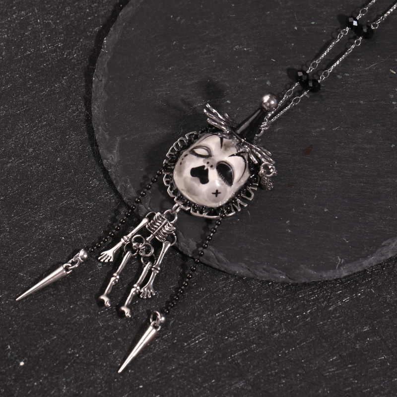 Jester Hat Doll Face With Skeleton Necklace
