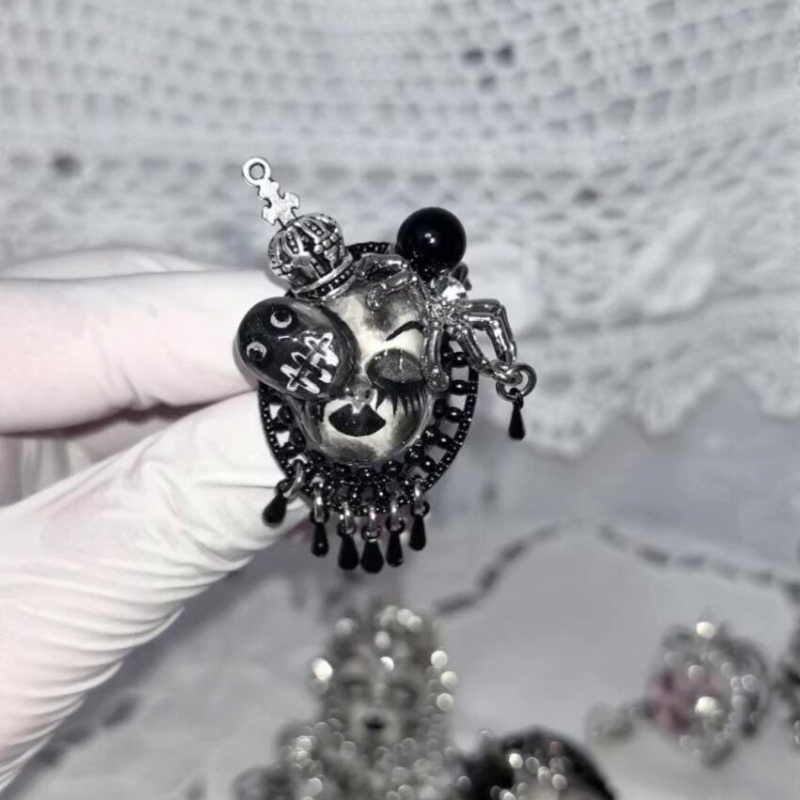 Jet Black Gothic Crown Masked Dolll Ring