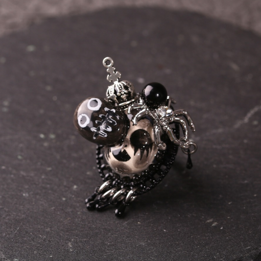 Jet Black Gothic Crown Masked Dolll Ring