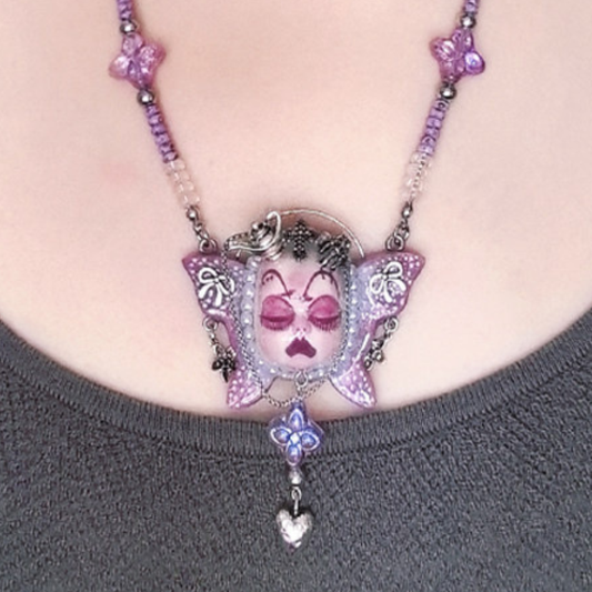 Lavender Gothic Butterfly Wings Doll Necklace