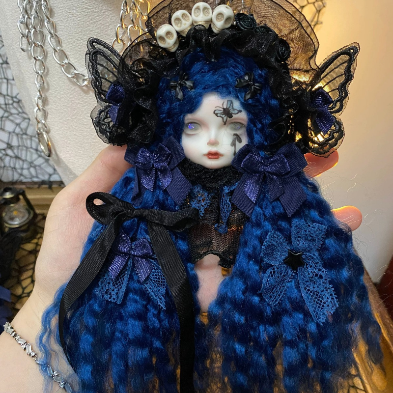 Midnight Blue Waves And Skull Bonnet Gothic Art Doll Brooch