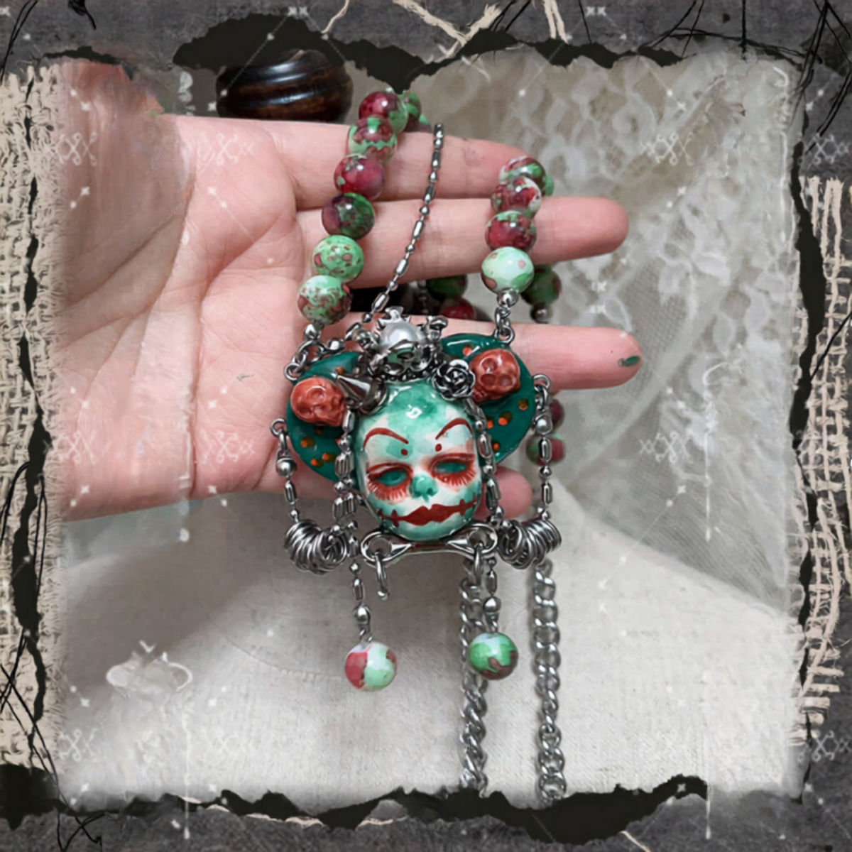Mint Green Stone Clay Whimsigoth Jester Face Necklace