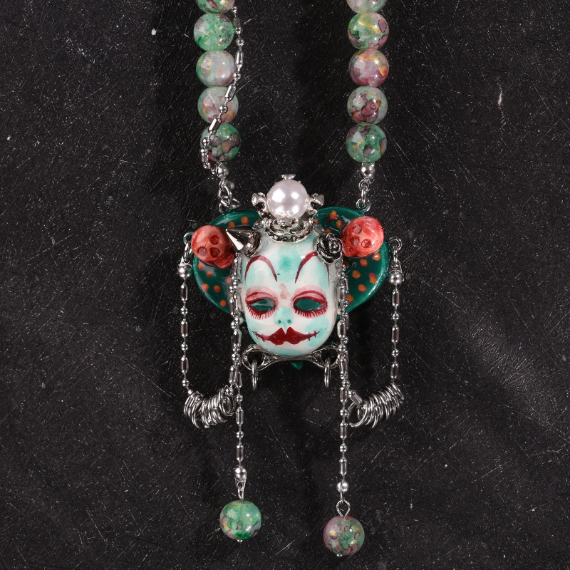 Mint Green Stone Clay Whimsigoth Jester Face Necklace