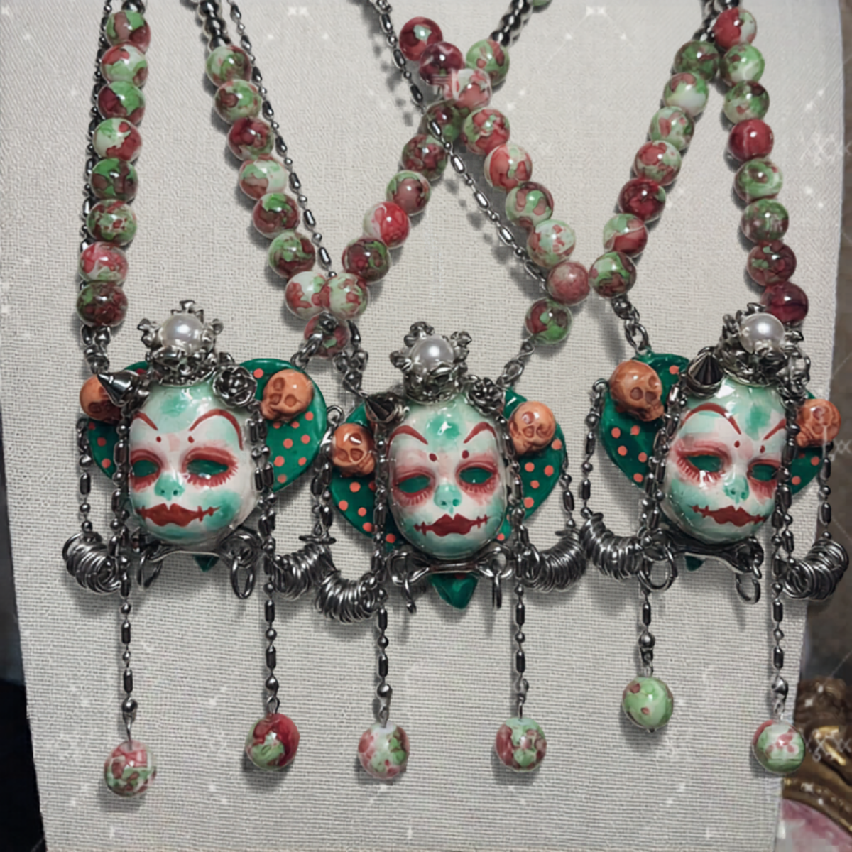 Mint Green Stone Clay Whimsigoth Jester Face Necklace