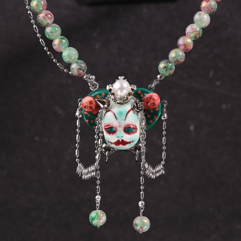 Mint Green Stone Clay Whimsigoth Jester Face Necklace