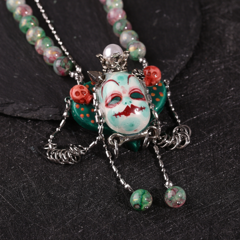Mint Green Stone Clay Whimsigoth Jester Face Necklace
