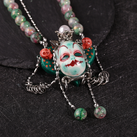 Mint Green Stone Clay Whimsigoth Jester Face Necklace