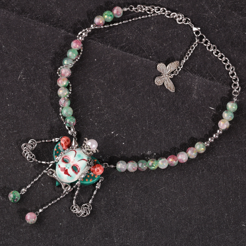 Mint Green Stone Clay Whimsigoth Jester Face Necklace