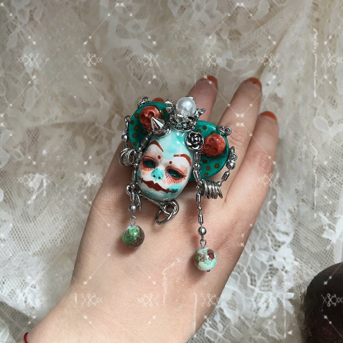 Mint Green Stone Clay Whimsigoth Jester Face Ring