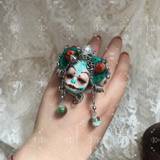 Mint Green Stone Clay Whimsigoth Jester Face Ring