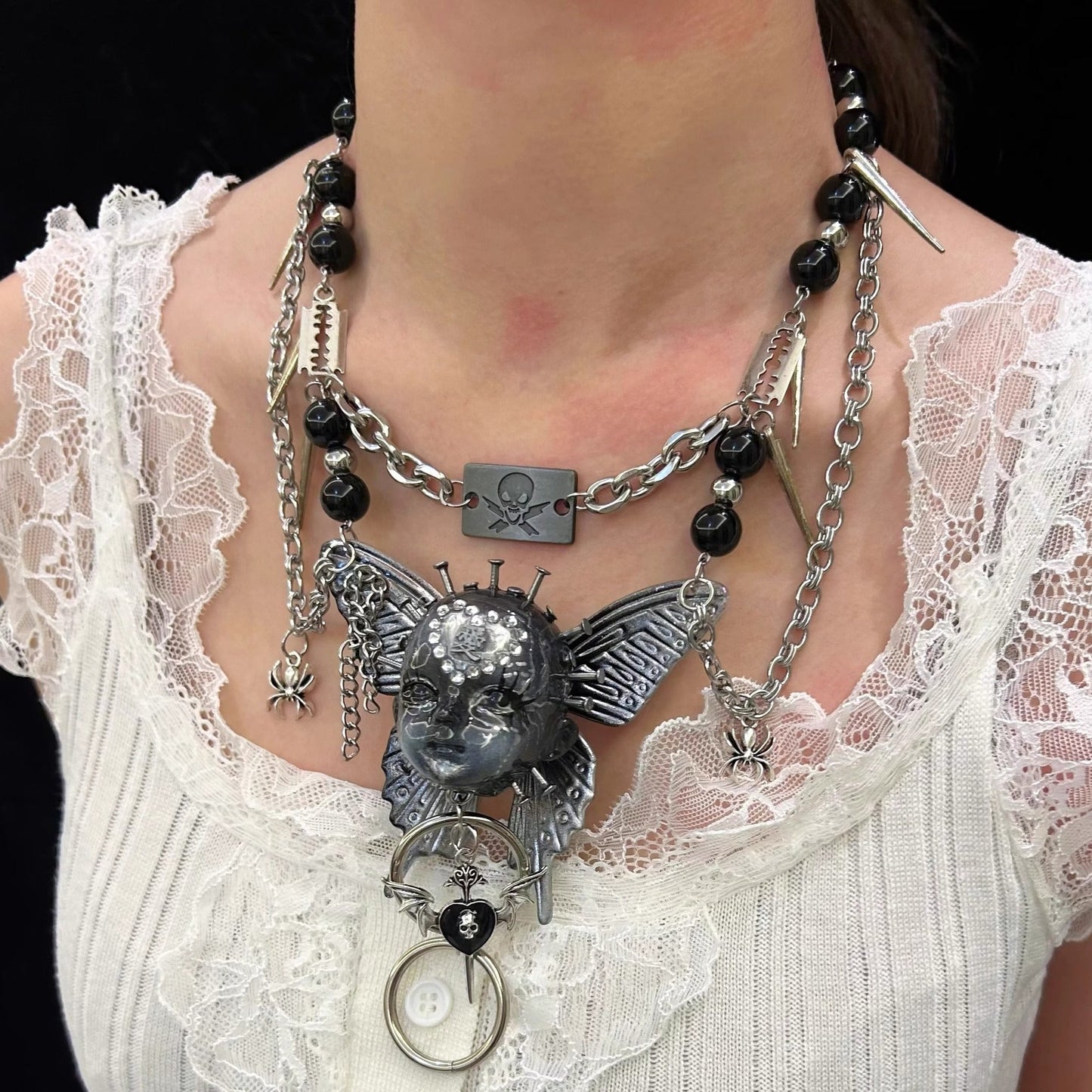 Gothic Metal Doll Head Necklace
