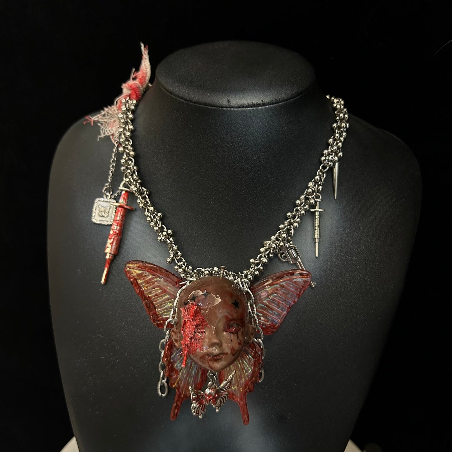 Big Butterfly Gothic Dark Doll Head Necklace
