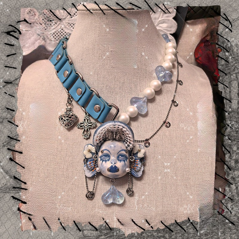 Pastel Blue Ruffled Lace Headband Doll Face Choker