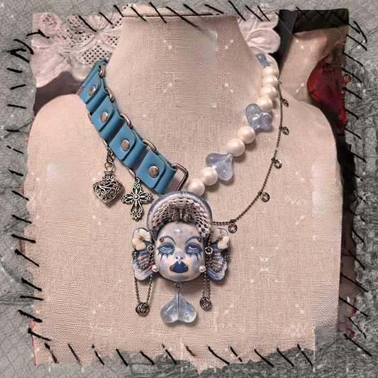 Pastel Blue Ruffled Lace Headband Doll Face Choker