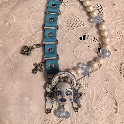 Pastel Blue Ruffled Lace Headband Doll Face Choker