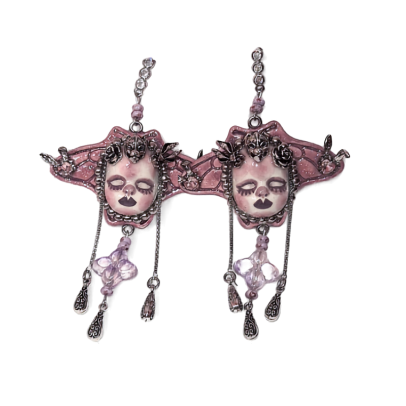 Pastel Goth Dusty Pink Creepy Doll Face Earring