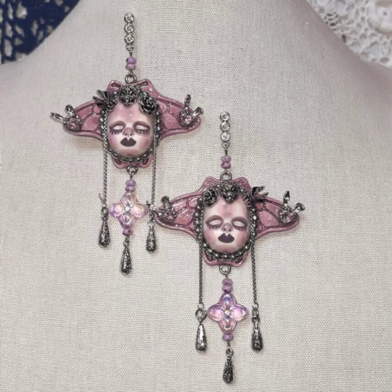 Pastel Goth Dusty Pink Creepy Doll Face Earring