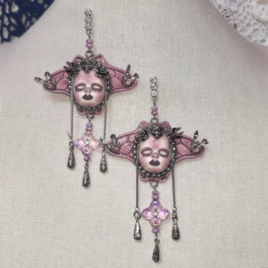 Pastel Goth Dusty Pink Creepy Doll Face Earring