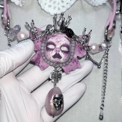 Pastel Gothic Spiked Pink Leather Crowned Doll Choker