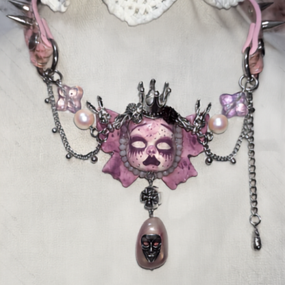 Pastel Gothic Spiked Pink Leather Crowned Doll Choker
