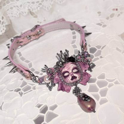 Pastel Gothic Spiked Pink Leather Crowned Doll Choker