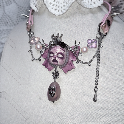 Pastel Gothic Spiked Pink Leather Crowned Doll Choker