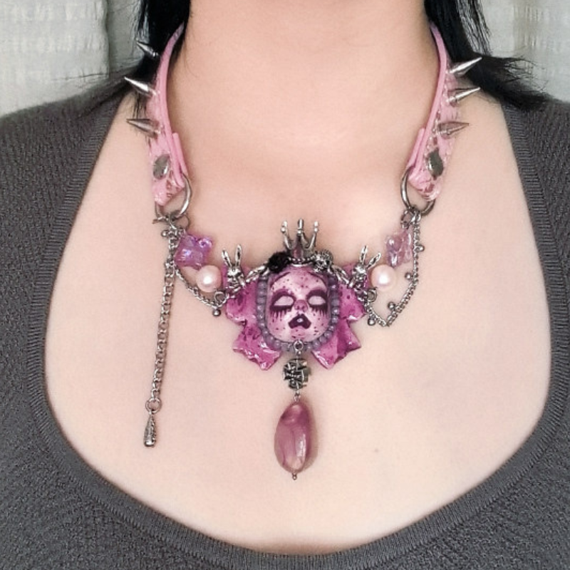 Pastel Gothic Spiked Pink Leather Crowned Doll Choker