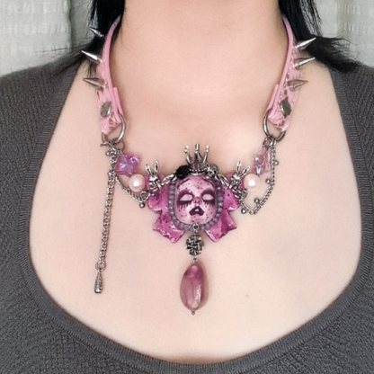 Pastel Gothic Spiked Pink Leather Crowned Doll Choker