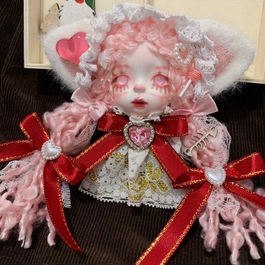 Pastel Pink Curly Hair And Red Ribbon Heart Gem Art Doll Brooch