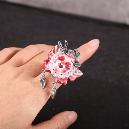 Pink Butterfly Bunny Skull Ring